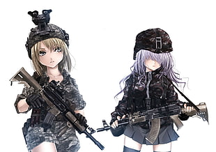 brown and purple haired female soldiers illustration