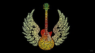 white and yellow guitar and wings logo, guitar, wings, typography, word clouds