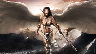 female holding spear illustration
