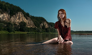women's red off-shoulder shirt, nature, solo, women outdoors, water HD wallpaper