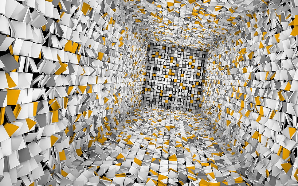 white and yellow optical illusion, 3D, artwork, render, digital art HD wallpaper