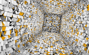 white and yellow optical illusion, 3D, artwork, render, digital art