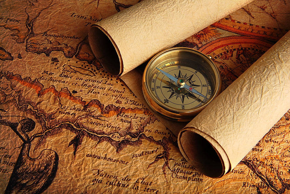 round brown wooden framed mirror, Arrow, compass, map HD wallpaper