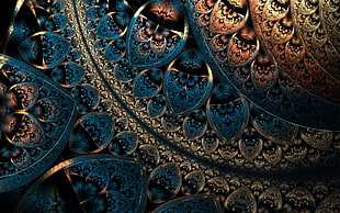 blue and brown floral decor, fractal, pattern, abstract, digital art