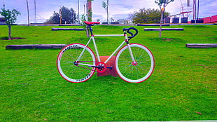 white road bike, fixie, pink, white, bicycle