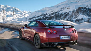 red Nissan coupe, Nissan, Nissan GT-R, winter, car