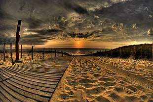brown wooden framed glass top table, beach, nature, sand, path