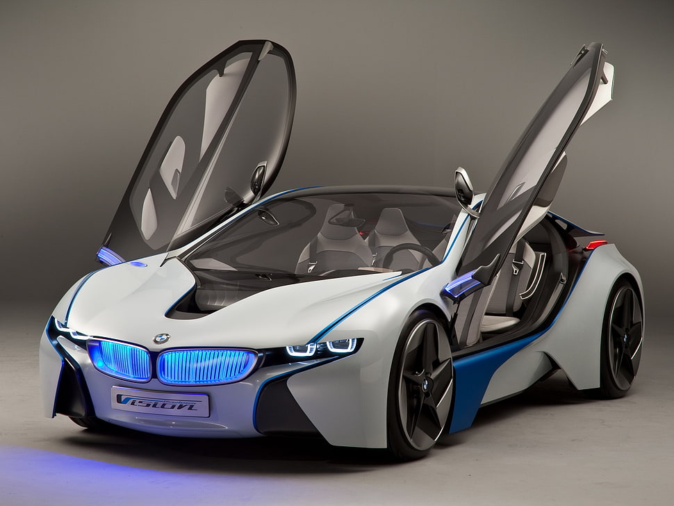 white and blue luxury car HD wallpaper