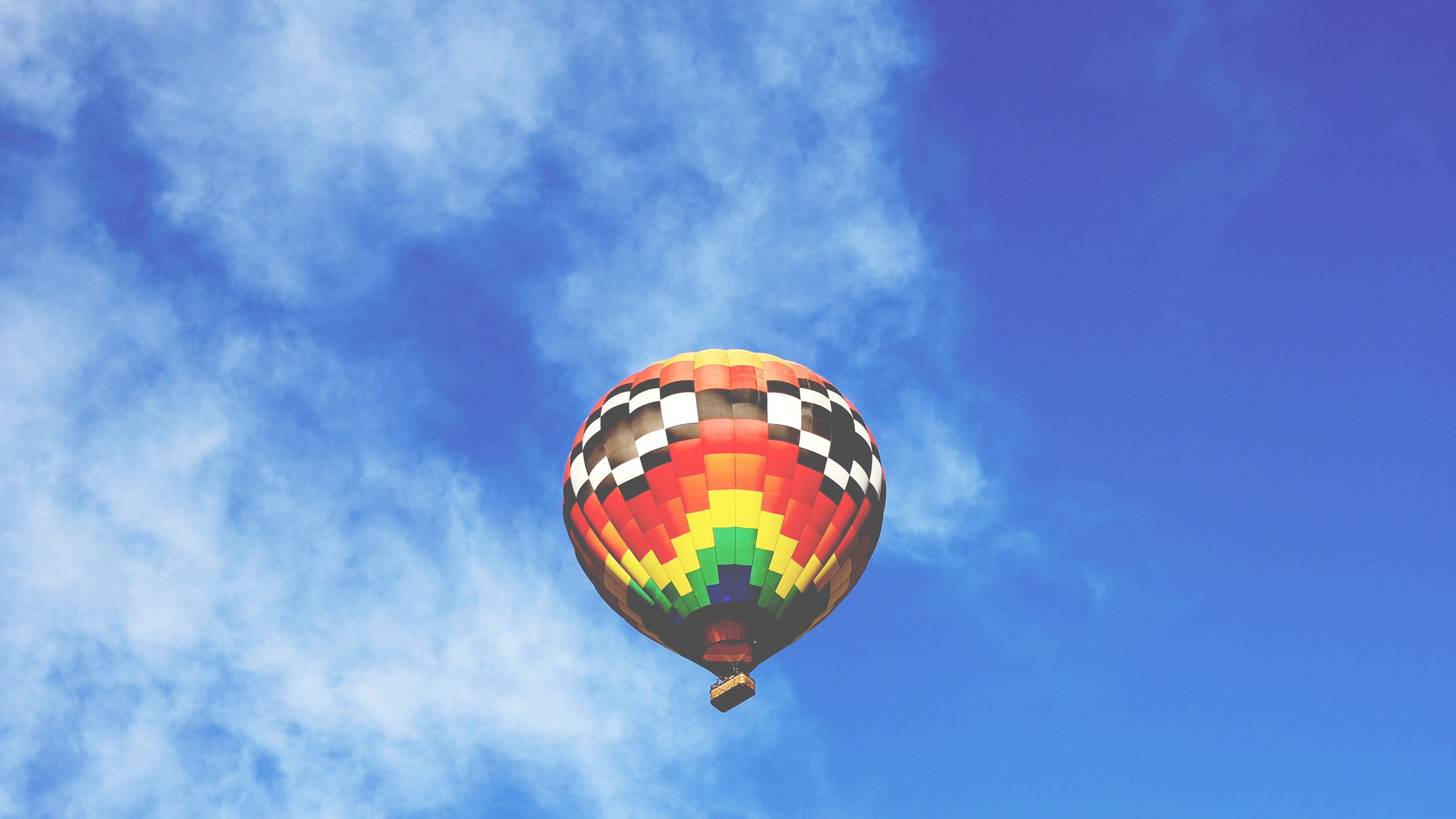 Multicolored hot air balloon, photography, clear sky, clouds, hot air ...