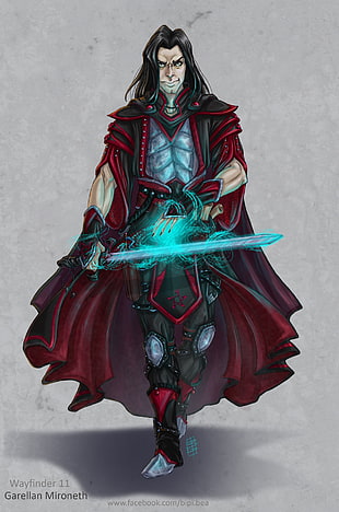 black haired male character with sword illustration, Garellan Mironeth, artwork, BiPiCado, sword