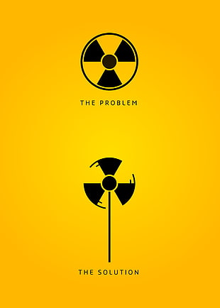 two black fans on yellow background, portrait display, digital art, signs, radioactive