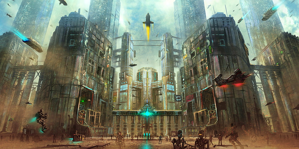 game illustration, artwork, robot, city, futuristic HD wallpaper