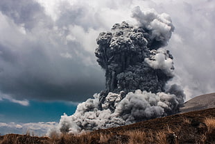 gray explosion mushroom, volcano, explosion, smoke, grass