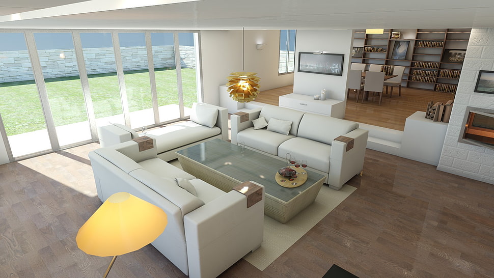 white leather sofa set, couch, shelves, interior design, window HD wallpaper