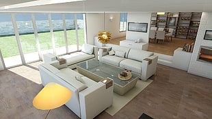 white leather sofa set, couch, shelves, interior design, window