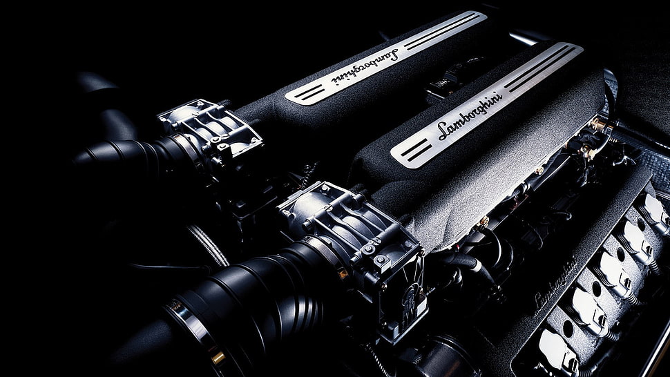 black Lamborghini vehicle engine, Lamborghini, engines, V10 engine HD wallpaper
