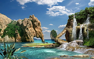 buddha and elephant rock formations under blue sky HD wallpaper