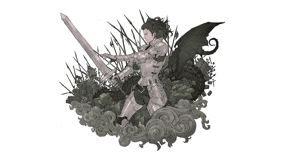 female anime character, anime, sword, simple background, Axe HD wallpaper