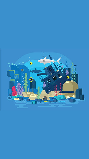 gray shark illustration ]\, underwater, minimalism
