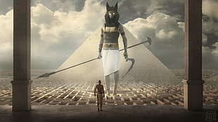 man standing in front of Egyptian God with pyramid illustration