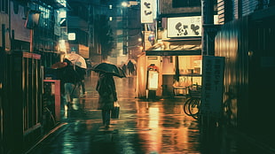 two person holding umbrella while walking on street painting, Masashi Wakui, photography, photo manipulation, umbrella HD wallpaper