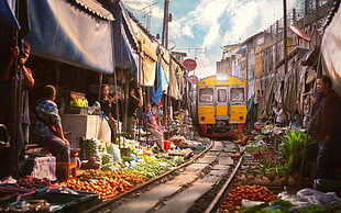 yellow and gray train between market under blue and white cloudy sky