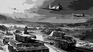 grayscale photo of fighter planes and battle tanks, tank, Focke-Wulf Fw 190, Tiger I, Panther tank