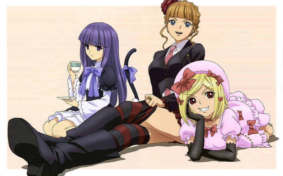 three Woman anime characters HD wallpaper