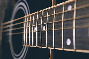 black acoustic guitar macro photography