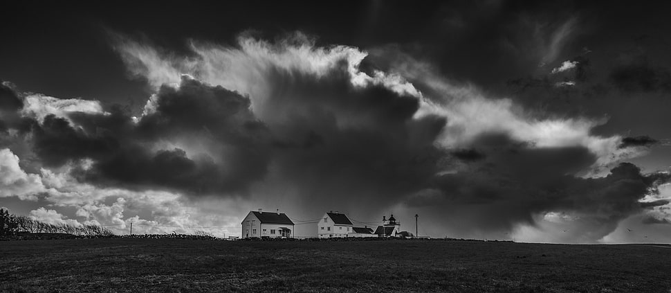 grayscale photography of two houses, nature, landscape, storm, house HD wallpaper