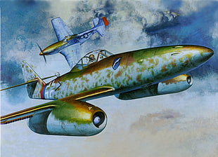 green and white plane painting, Messerschmidt, artwork, military aircraft, ME-262