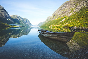 brown wooden boat, nature, landscape, fjord, mountains