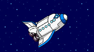white and blue space shuttle illustration, digital art, minimalism, pixels, pixel art