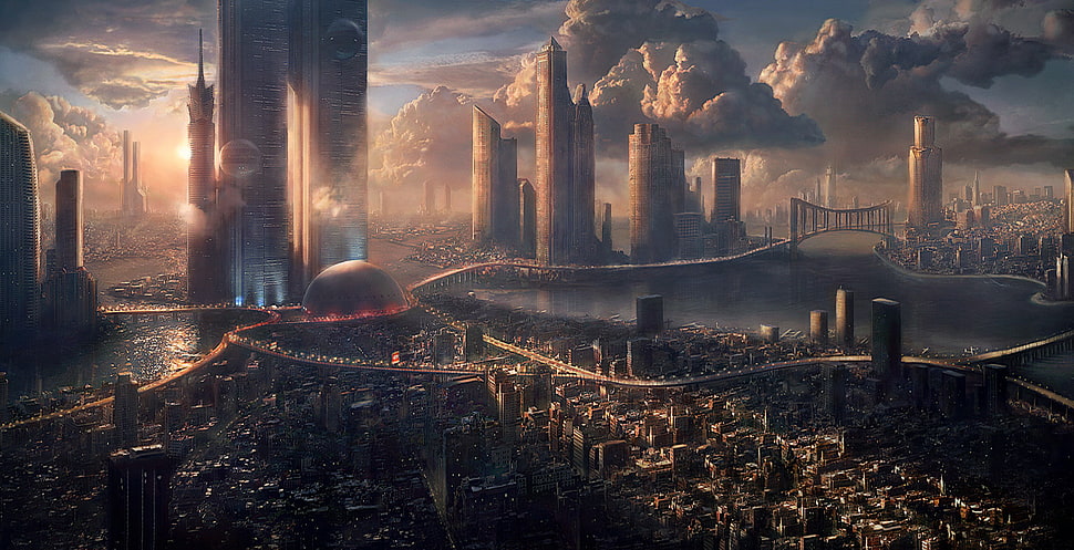 game illustration, futuristic, science fiction, skyscraper, cityscape HD wallpaper