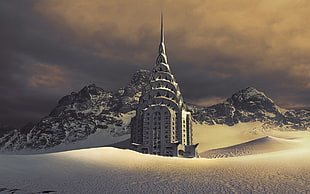 white concrete tower, Chrysler Building, mountains, snow, morning HD wallpaper