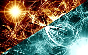 teal and gold solar graphic wallpaper, abstract, fire, ice, digital art