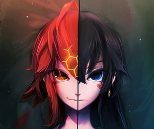 two female half faced anime character