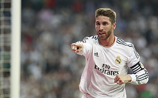 men's white and black adidas Montreal Candiens Fly Emirates jersey, Sergio Ramos, footballers, Real Madrid, captain 