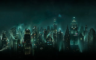 game digital wallpaper, cityscape, night, BioShock, video games