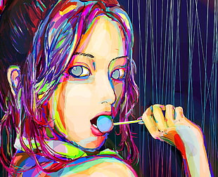 woman eating lollipop painting HD wallpaper