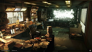 tufted black leather sofa chair, Deus Ex: Human Revolution, artwork, video games