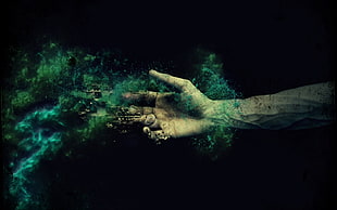 right human hand with green smoke digital wallpaper
