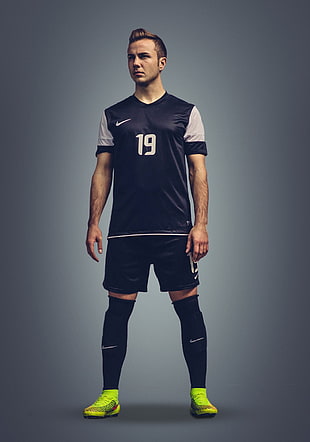 men's black and gray Nike jersey shirt and shorts set, Mario Götze, soccer, Germany, Bayern Munchen