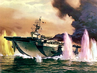 aircraft carrier with black smoke painting, war, aircraft carrier, military, artwork