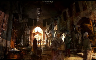 people walking in market digital wallpaper, Middle East, artwork, Assassin's Creed, video games