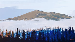 blue and yellow pine trees and mountain painting, artwork, Aenami