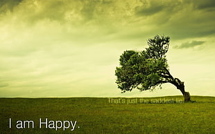 green leafed tree with i am happy text overlay, happy, trees