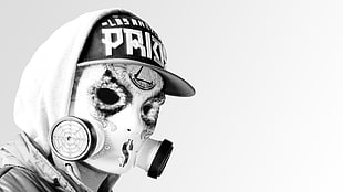 white gas mask, Hollywood undead, mask, monochrome, simple background