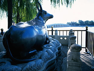white cow statue facing body of water HD wallpaper