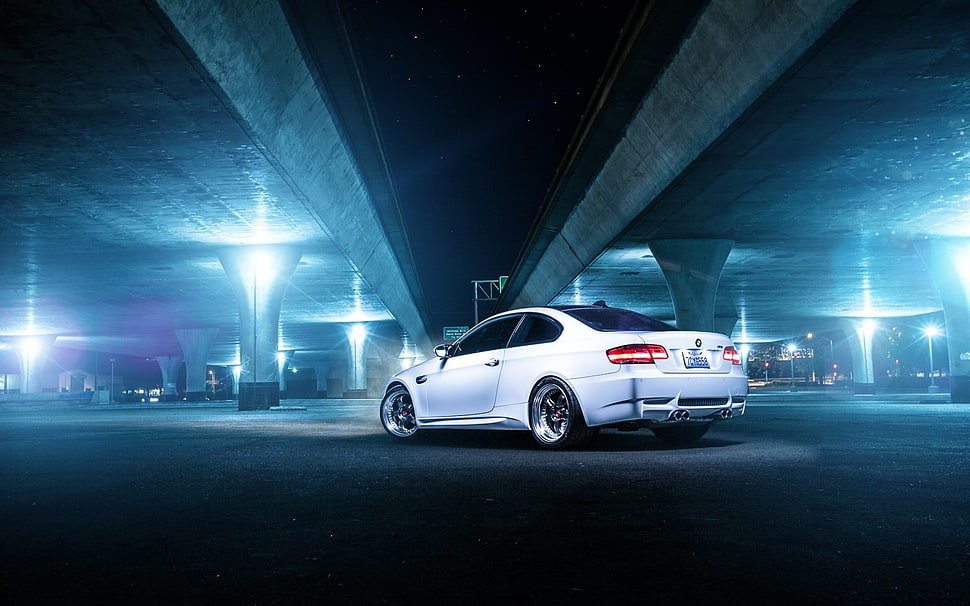 white coupe, car, BMW, night HD wallpaper